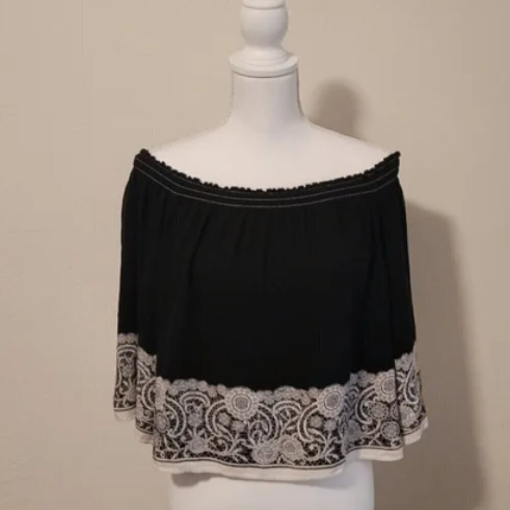Black Off-the-Shoulder Blouse with Cream Lace – Fun & Flirty